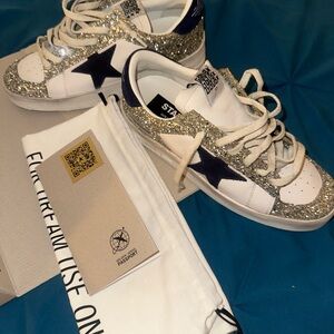 Golden Goose White and Silver Glitter Sneakers